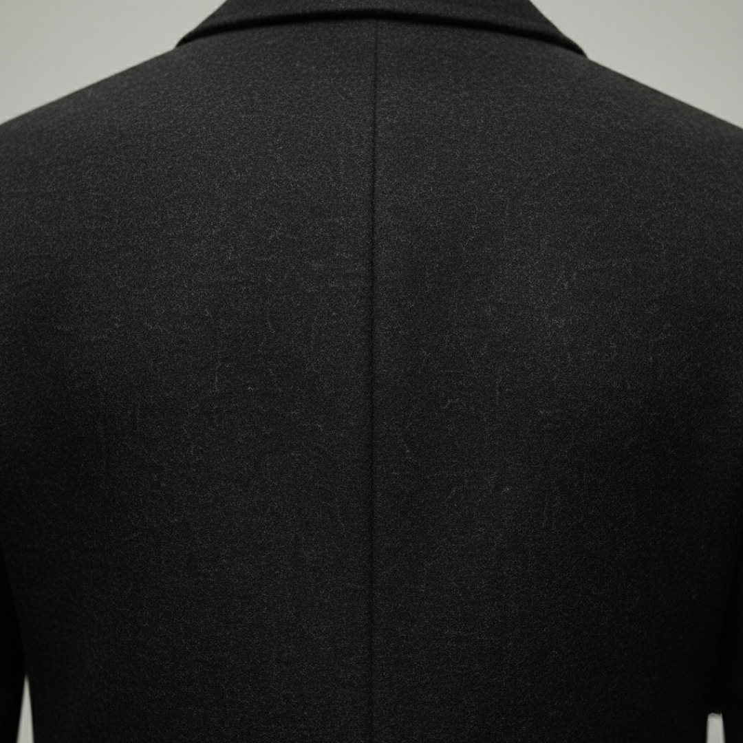 Close-up back details look of mid-thigh wool coat with black buttons, notched lapel collar, and structured shoulders for a polished look.