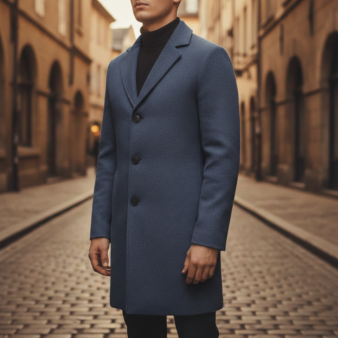 Men's mid-thigh wool coat with black buttons, notched lapel collar, and structured shoulders for a polished look.