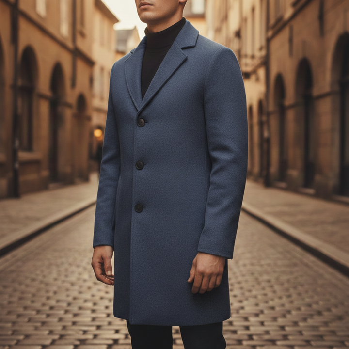 Men's mid-thigh wool coat with black buttons, notched lapel collar, and structured shoulders for a polished look.