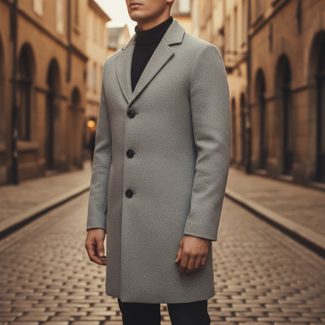 Men's mid-thigh wool coat with black buttons, notched lapel collar, and structured shoulders for a polished look.