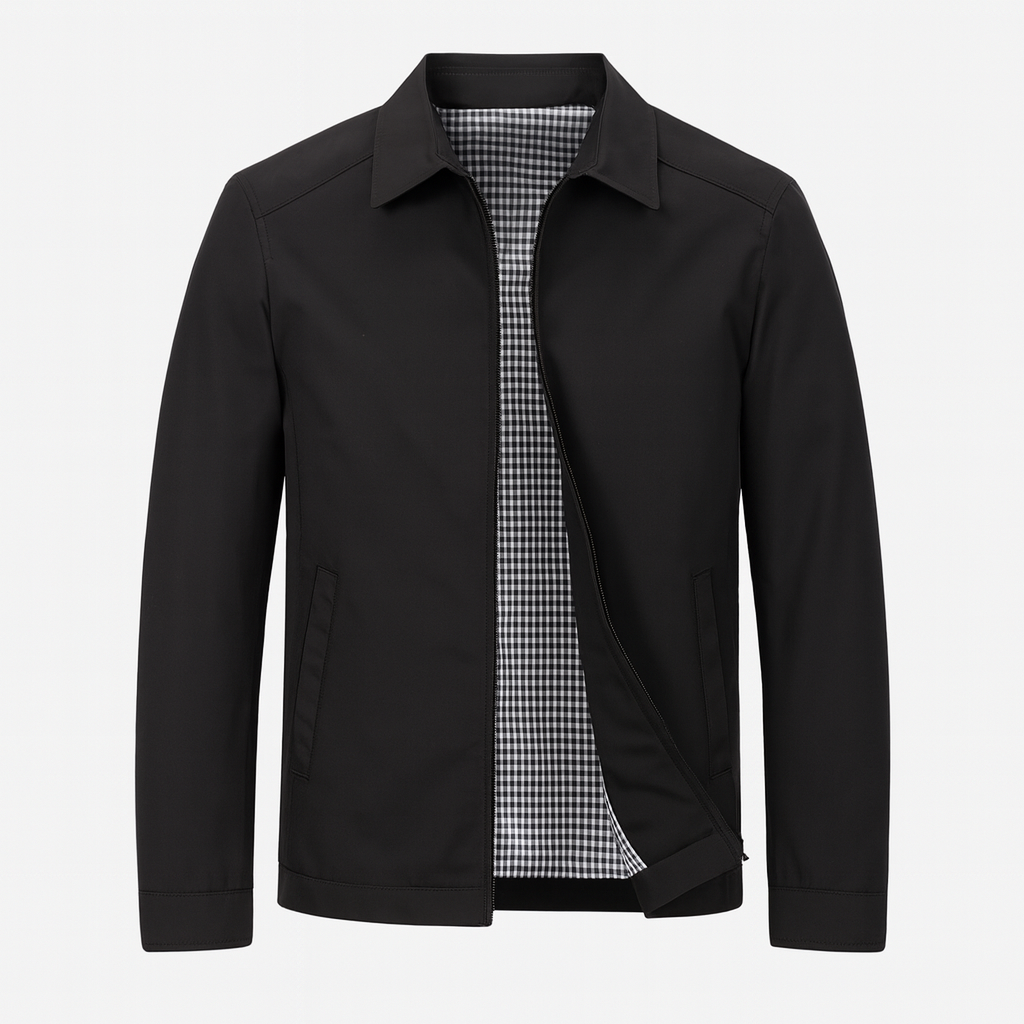 Lightweight zip-up jacket with turn-down collar and check-pattern lining