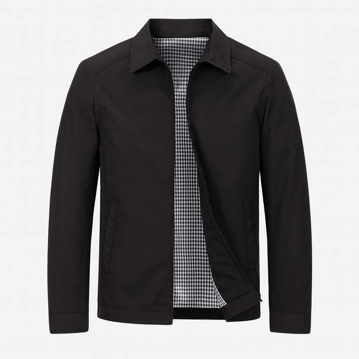 Lightweight zip-up jacket with turn-down collar and check-pattern lining
