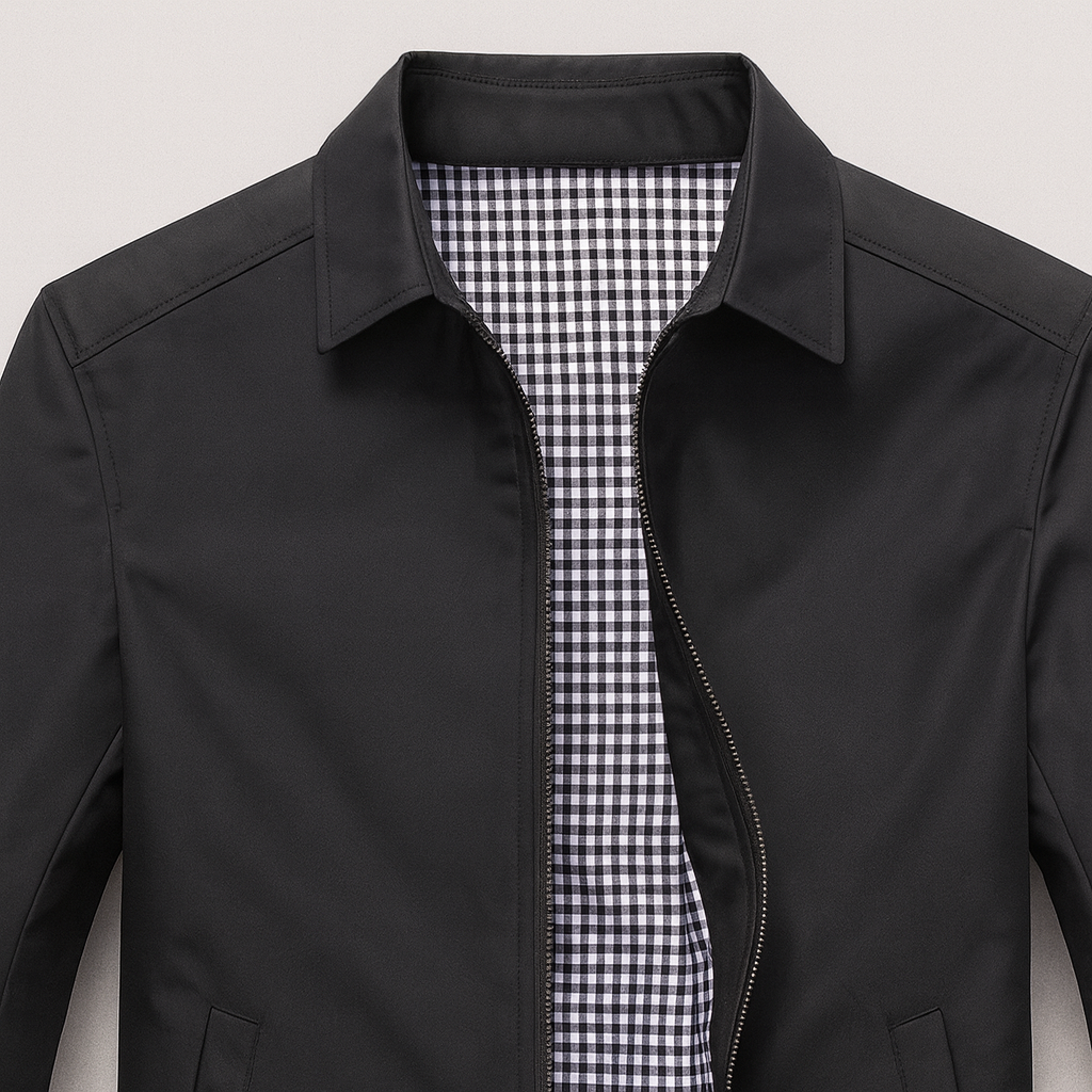 Lightweight zip-up jacket with turn-down collar and check-pattern lining