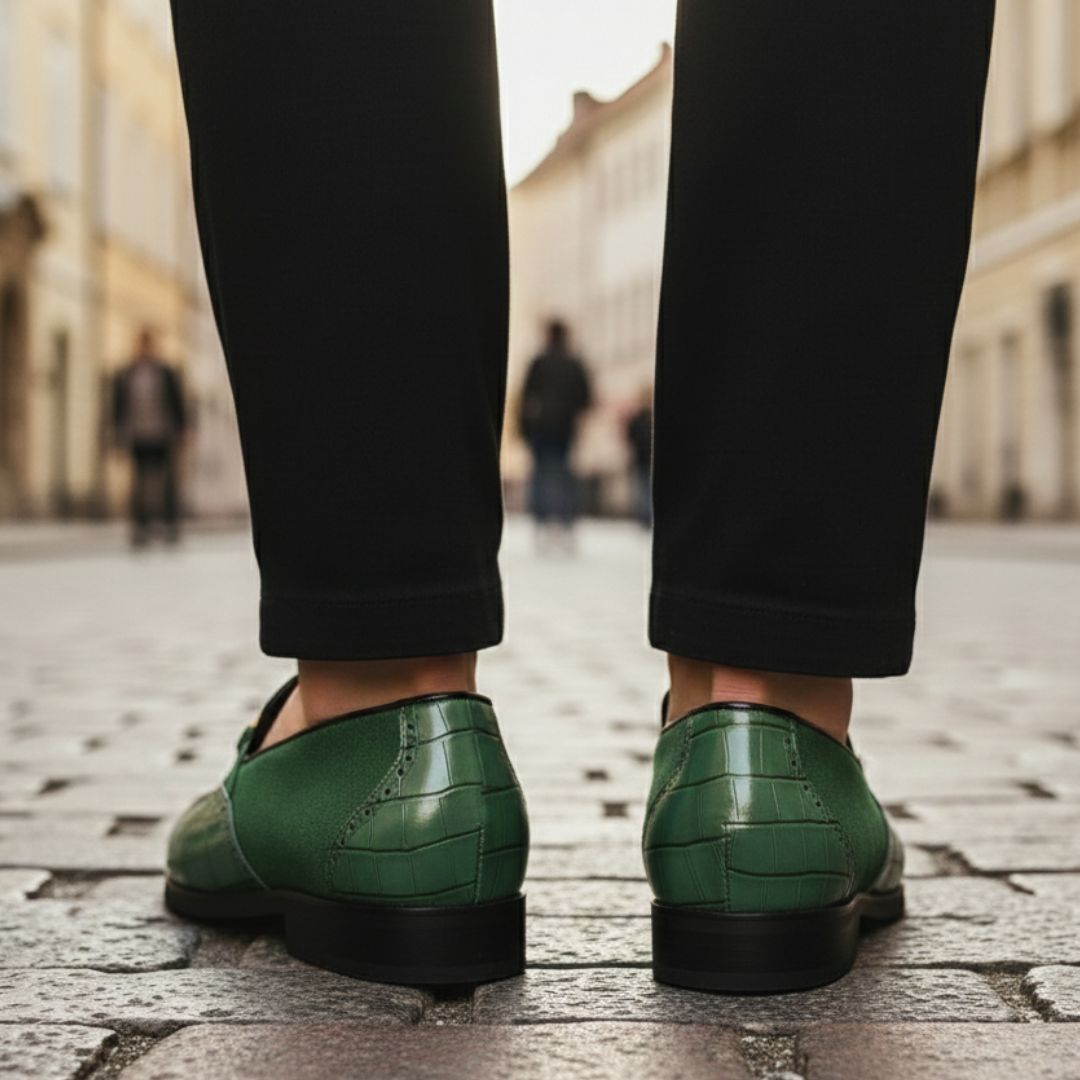 Green leather loafers with gold detailing, featuring a croc-embossed texture and square toe, ideal for formal occasions.

