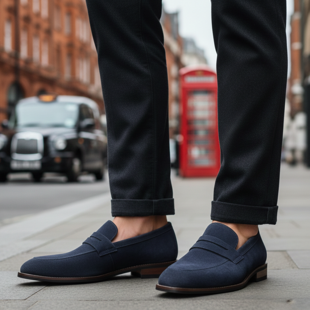 Navy suede penny loafers with orange trim, featuring a classic design for formal and casual occasions.