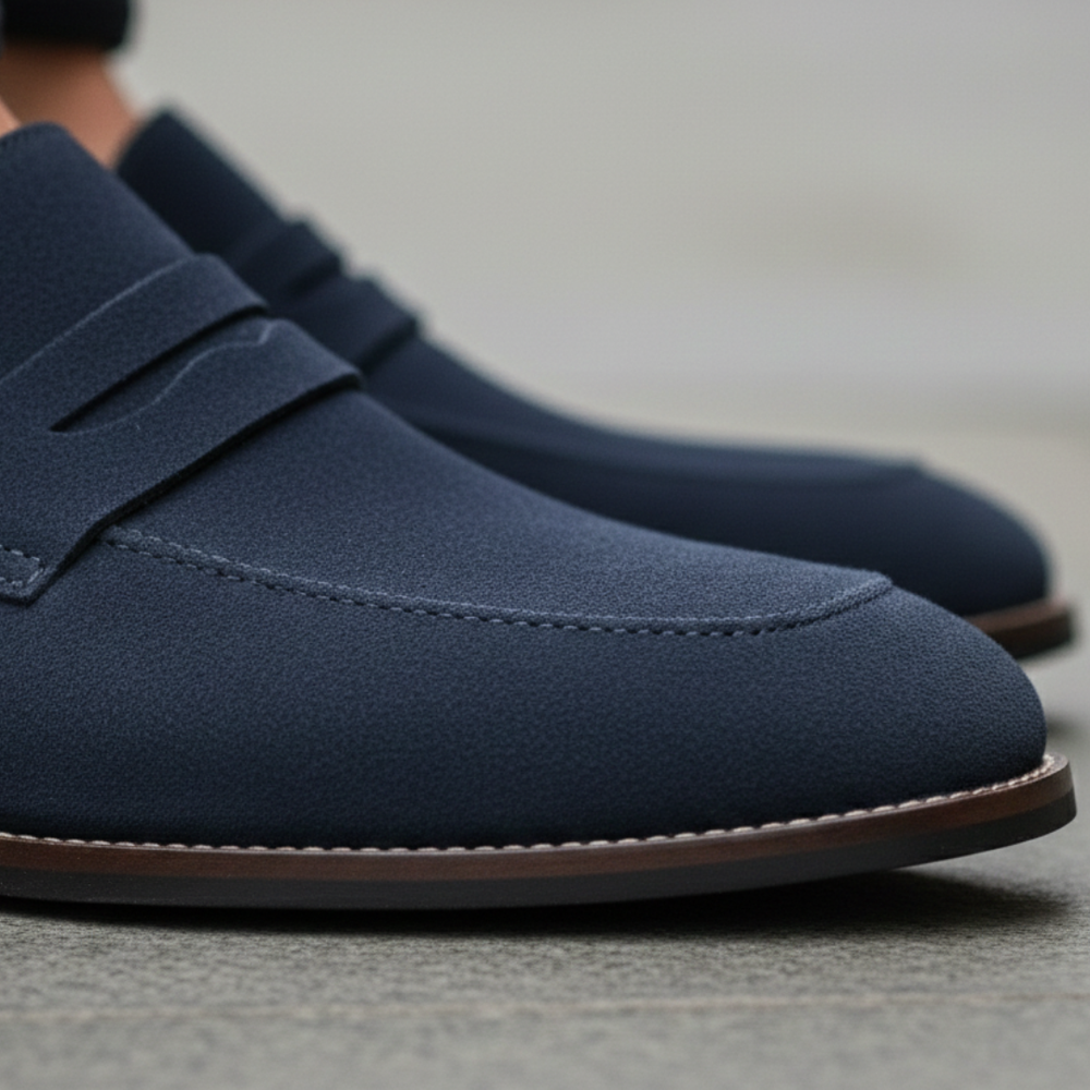 Close-up look of the suede penny loafers with orange trim, featuring a classic design for formal and casual occasions.