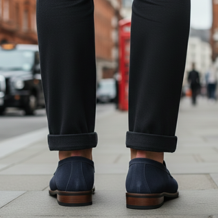 Back details of the navy suede penny loafers with orange trim, featuring a classic design for formal and casual occasions.