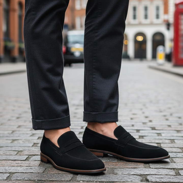 Black suede penny loafers with orange trim, featuring a classic design for formal and casual occasions.