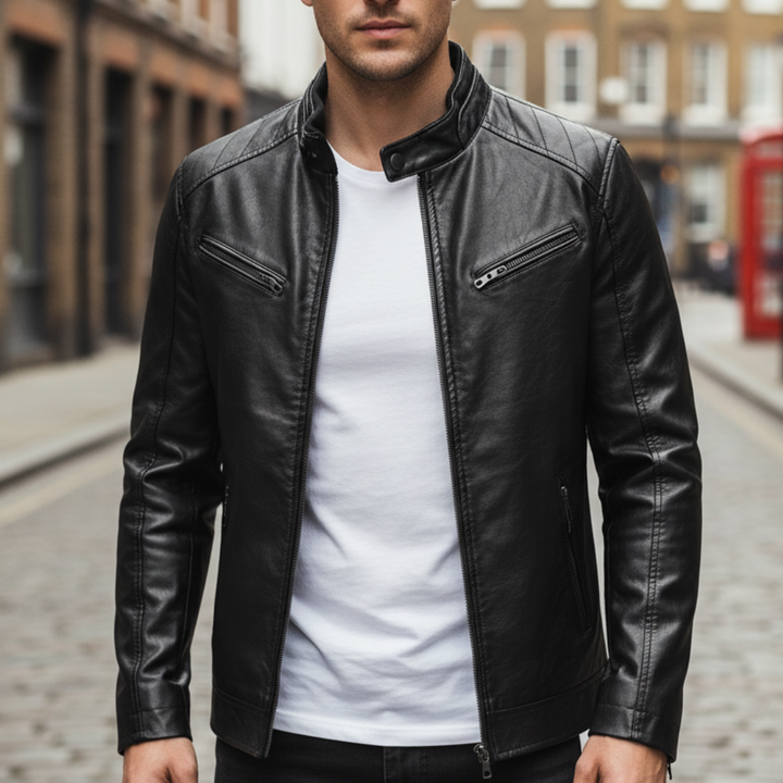 Black men's leather jacket with a stand collar and zipper accents, good for fall and spring wear in a modern wardrobe.