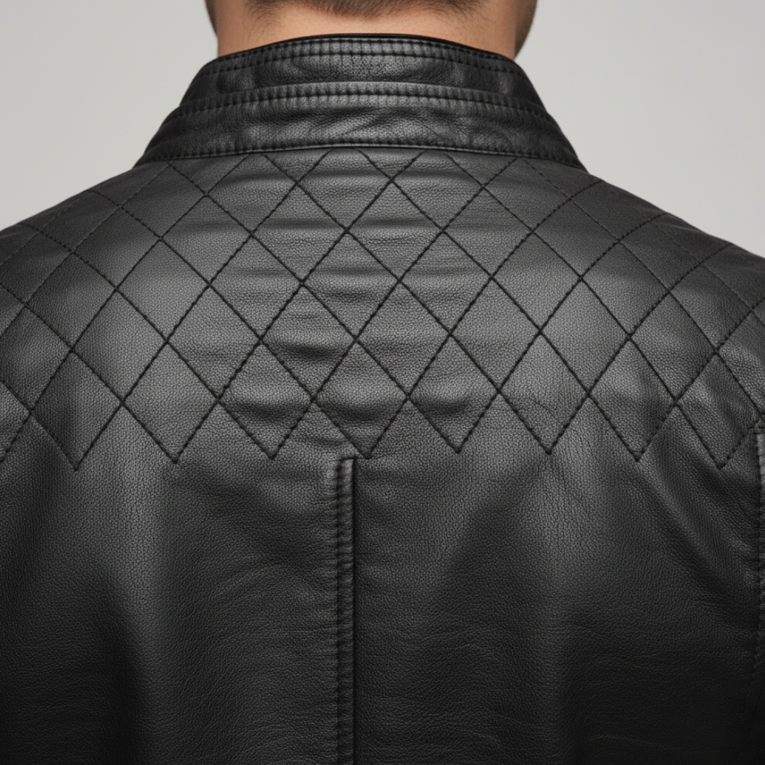 Close-up back detailed men's leather jacket with a stand collar and zipper accents