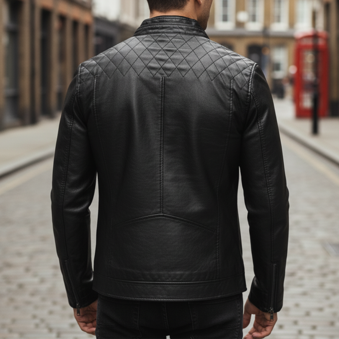 Back detailed black men's leather jacket with a stand collar and zipper accents, good for fall and spring wear in a modern wardrobe.