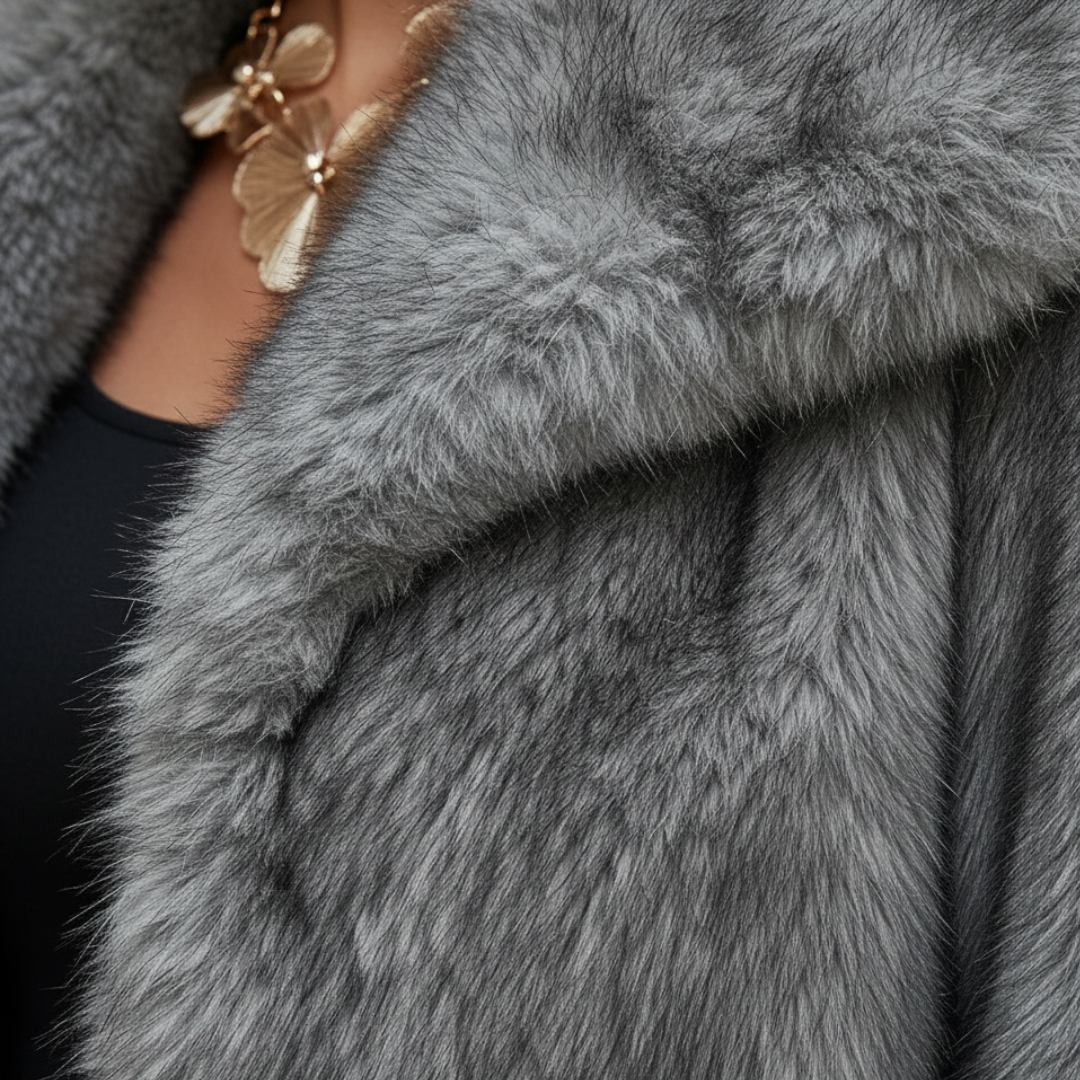Close-up details of a grey faux fur jacket with a turn-down collar, showcasing a fit and hip-length design for fall and spring.
