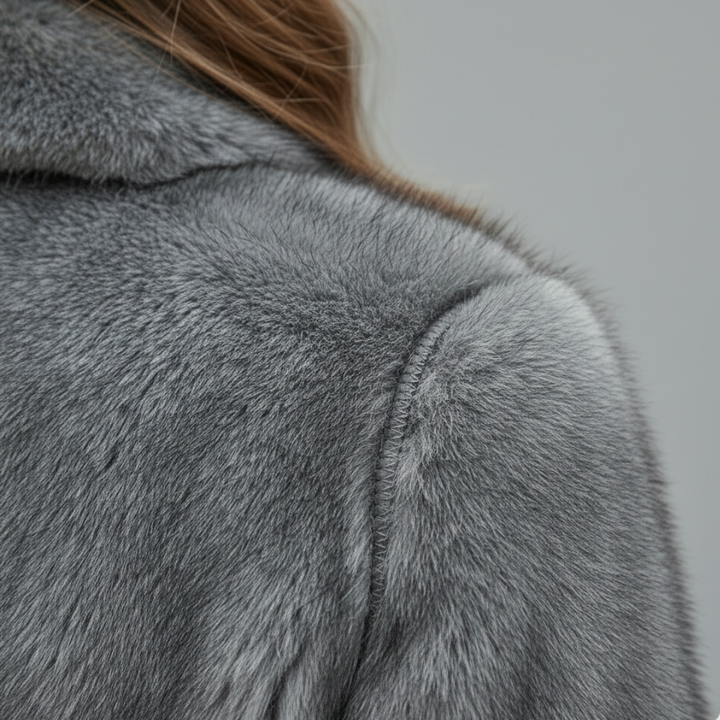Close-up details of a grey faux fur jacket with a turn-down collar, showcasing fit and hip-length design for fall and spring.

