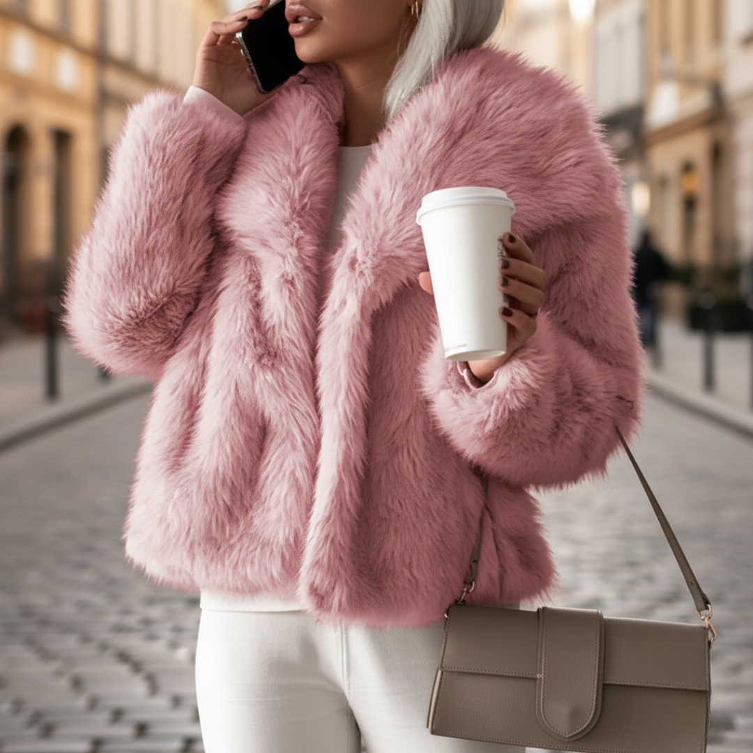 Pink faux fur jacket with a turn-down collar, showcasing a fit and hip-length design for fall and spring