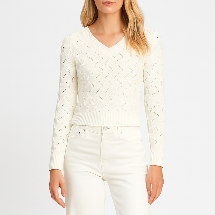 V-neck jumper with a textured knit pattern, ribbed cuffs, and hem.