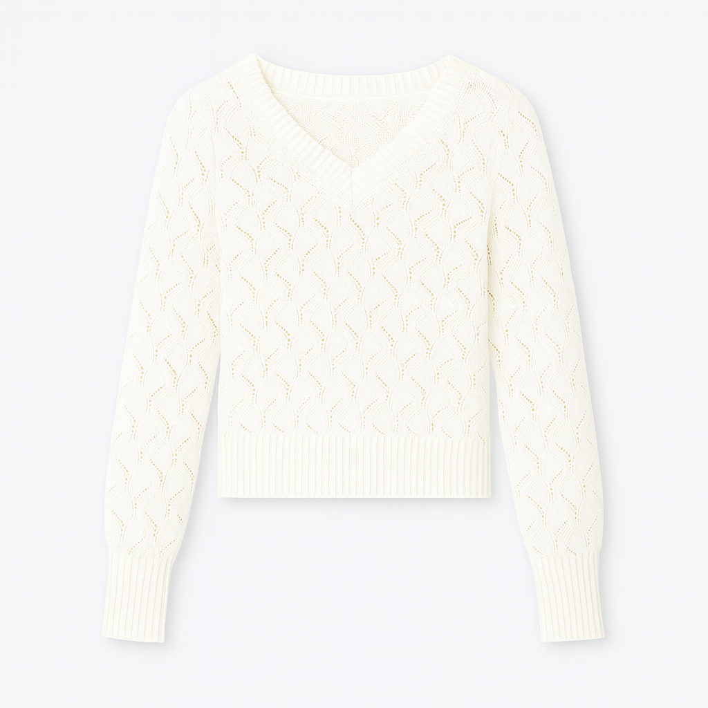 V-neck jumper with a textured knit pattern, ribbed cuffs, and hem.