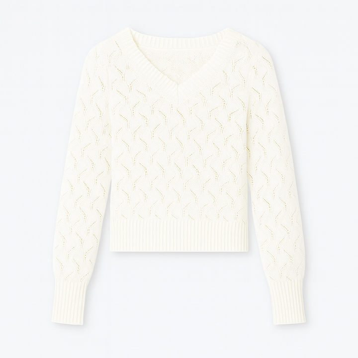 V-neck jumper with a textured knit pattern, ribbed cuffs, and hem.