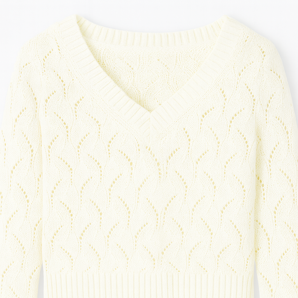 V-neck jumper with a textured knit pattern, ribbed cuffs, and hem.