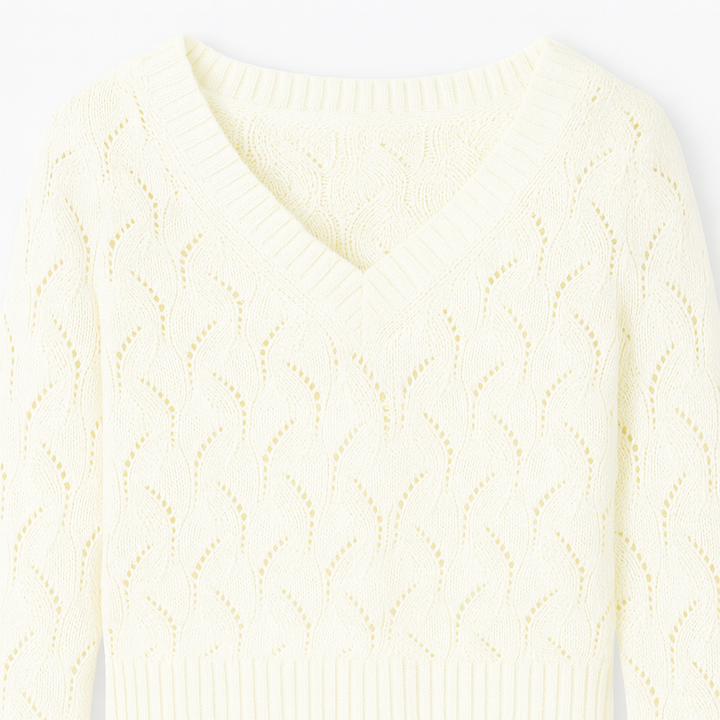 V-neck jumper with a textured knit pattern, ribbed cuffs, and hem.