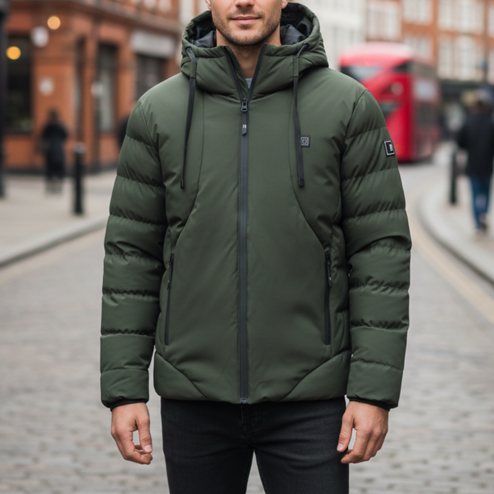 Men's green padded jacket with a hood, designed for warmth and style, featuring zip pockets and a regular fit for winter wear.