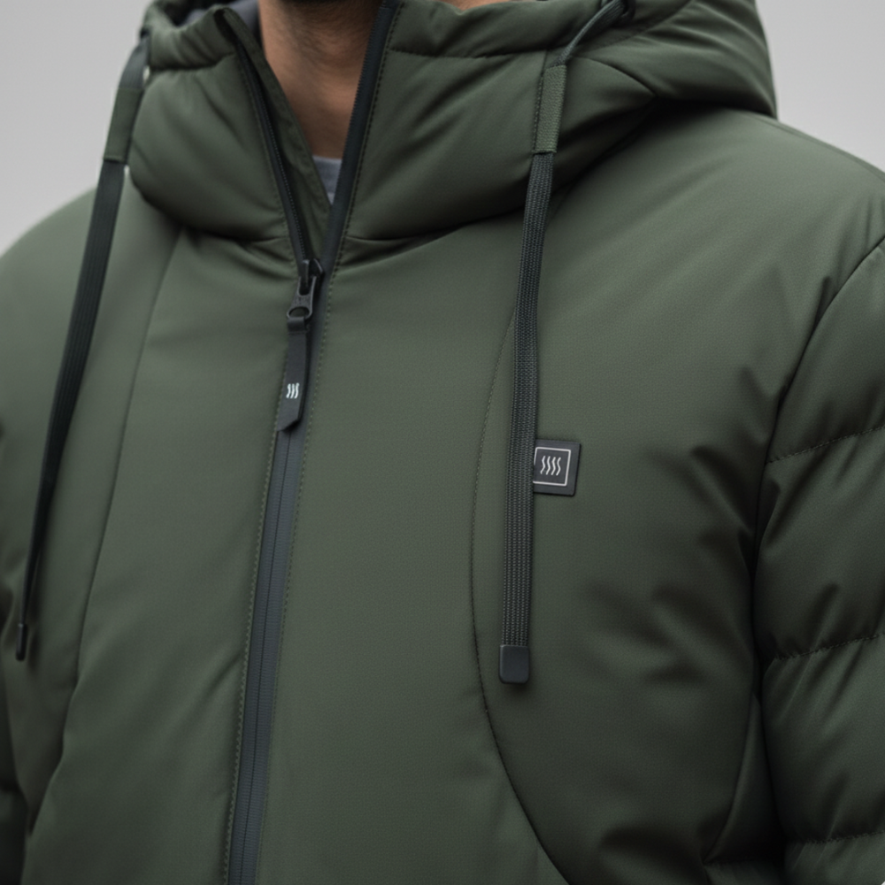 Close-up detailed men's green padded jacket with a hood, designed for warmth and style, featuring zip pockets and a regular fit for winter wear.