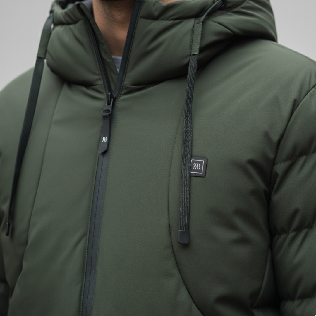 Close-up detailed men's green padded jacket with a hood, designed for warmth and style, featuring zip pockets and a regular fit for winter wear.