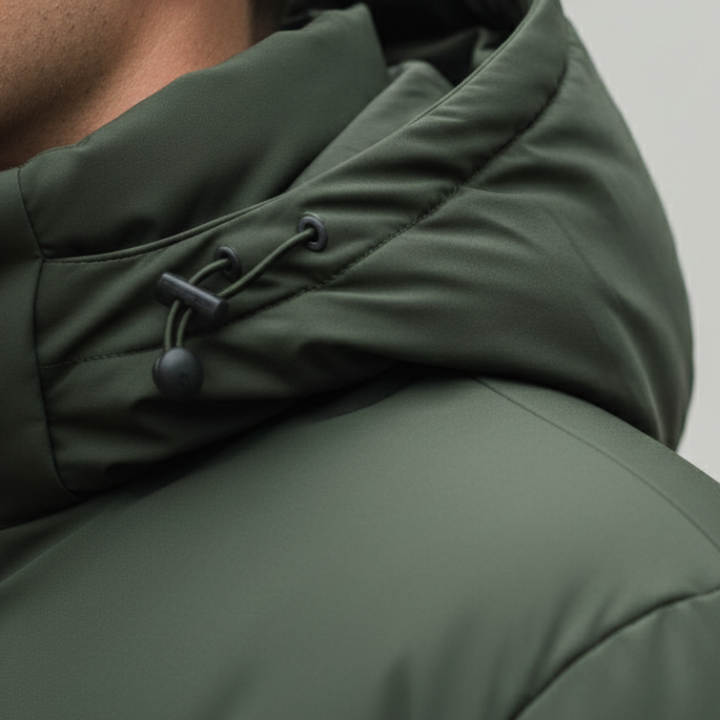 Close-up detailed men's green padded jacket with a hood, designed for warmth and style, featuring zip pockets and a regular fit for winter wear.