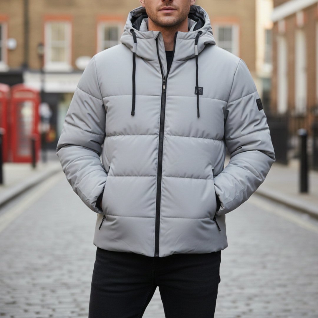 Men's grey padded jacket with a hood, designed for warmth and style, featuring zip pockets and a regular fit for winter wear.