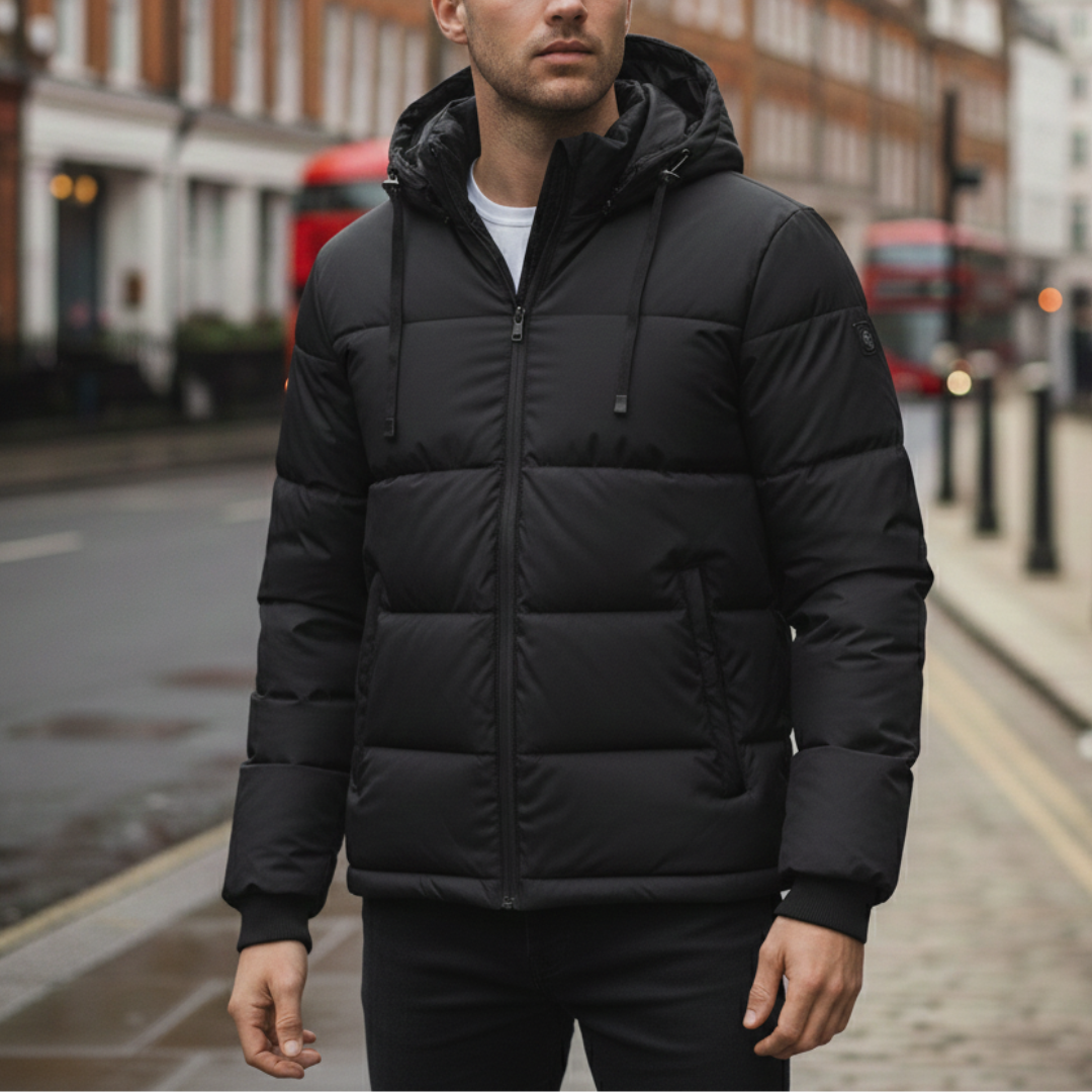 Men's black padded jacket with a hood, designed for warmth and style, featuring zip pockets and a regular fit for winter wear.