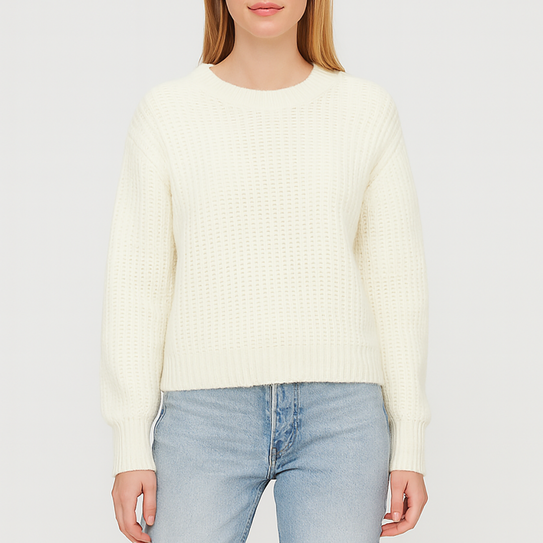 Crew neck jumper with a textured knit design and ribbed cuffs and hem.