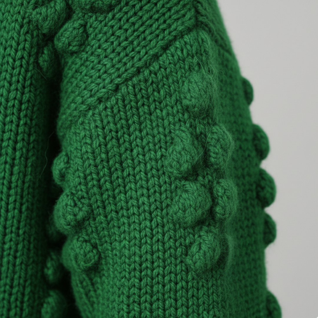 Close-up details of a green cardigan, embodying with a soft, open-front duster for fall and winter.
