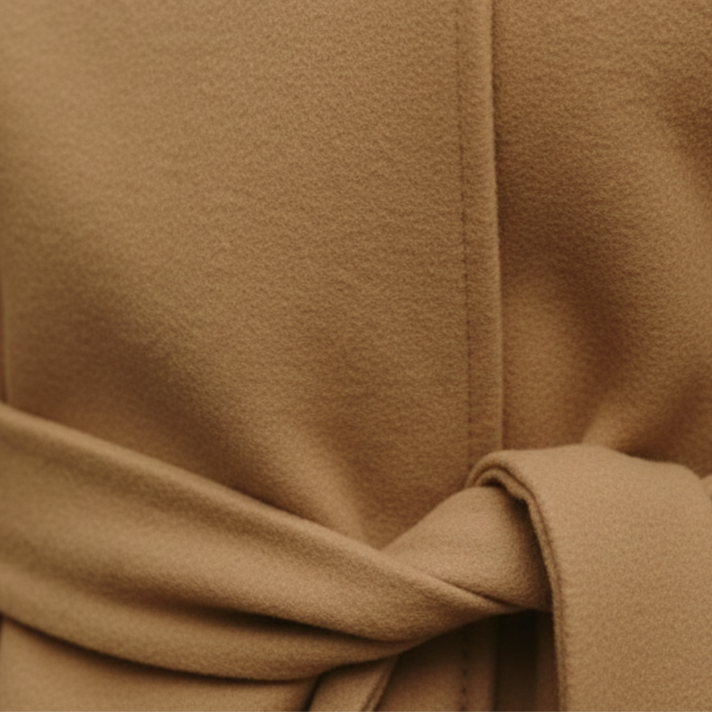  a beige cape jacket over jeans, showcasing a modern and elegant fall outfit with a funnel neckline.