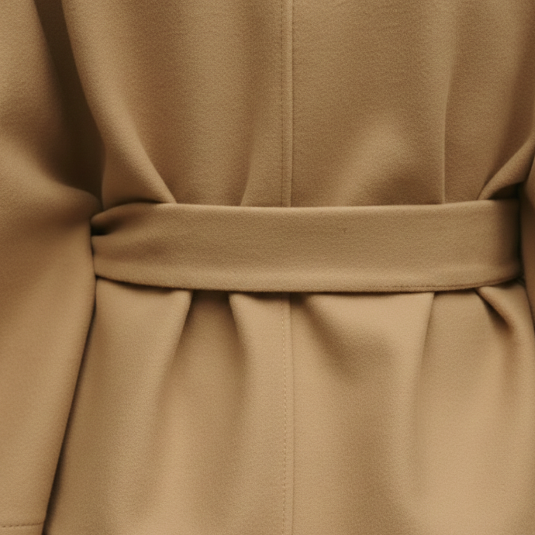 a beige cape jacket over jeans, showcasing a modern and elegant fall outfit with a funnel neckline.