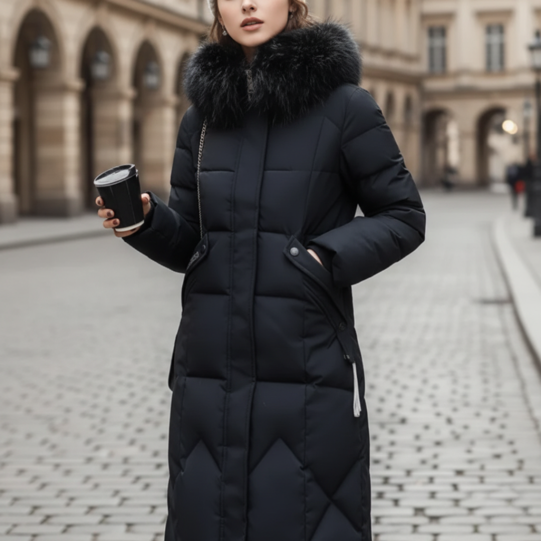  A woman wearing a black coat with fur trim stands on a cobblestone street, embodying winter fashion.