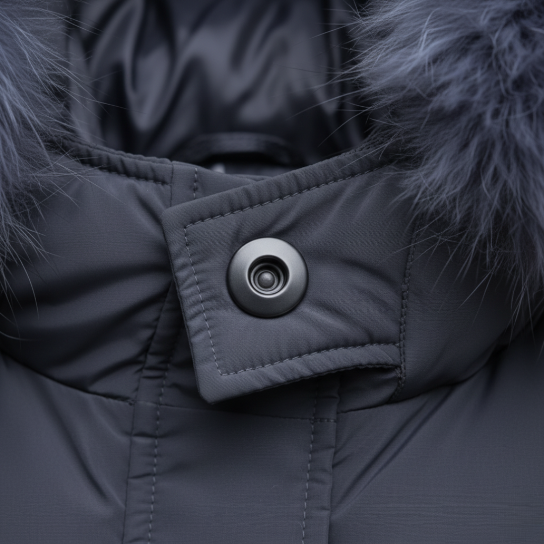 Close-up look of a grey coat with fur trim, embodying winter fashion.