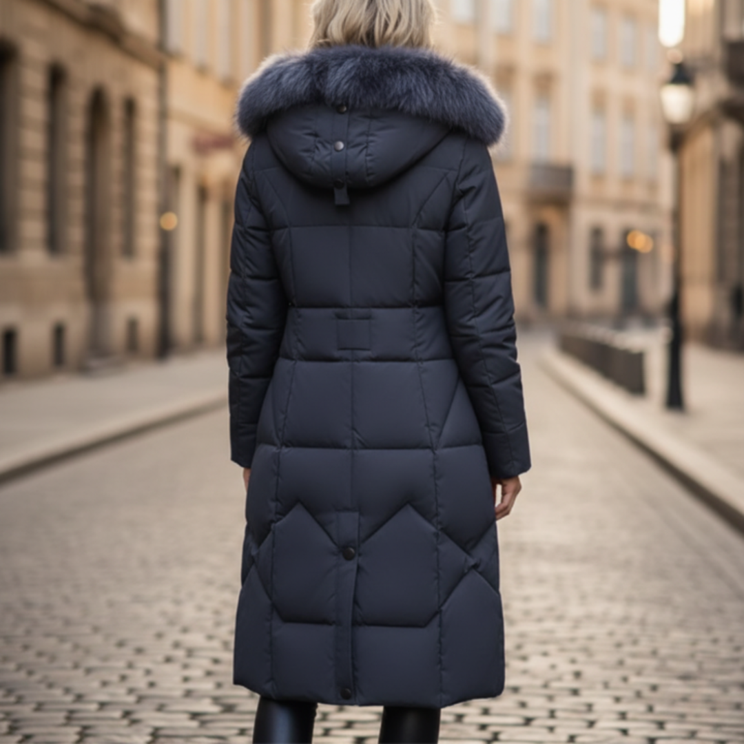 Back details of a woman wearing a grey coat with fur trim stands on a cobblestone street, embodying winter fashion.