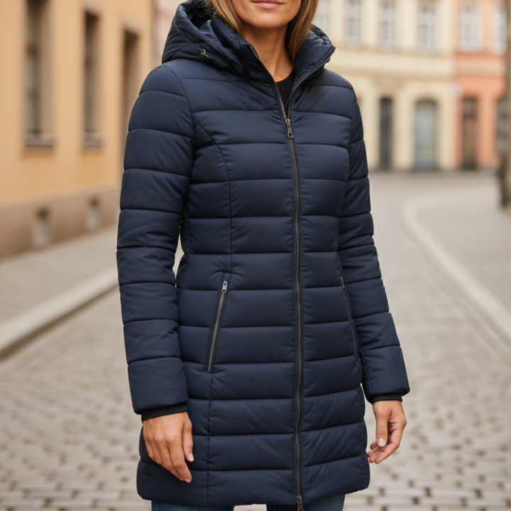  Women's blue down jacket with a hood, designed for warmth and style, featuring a mid-thigh length and long sleeves.