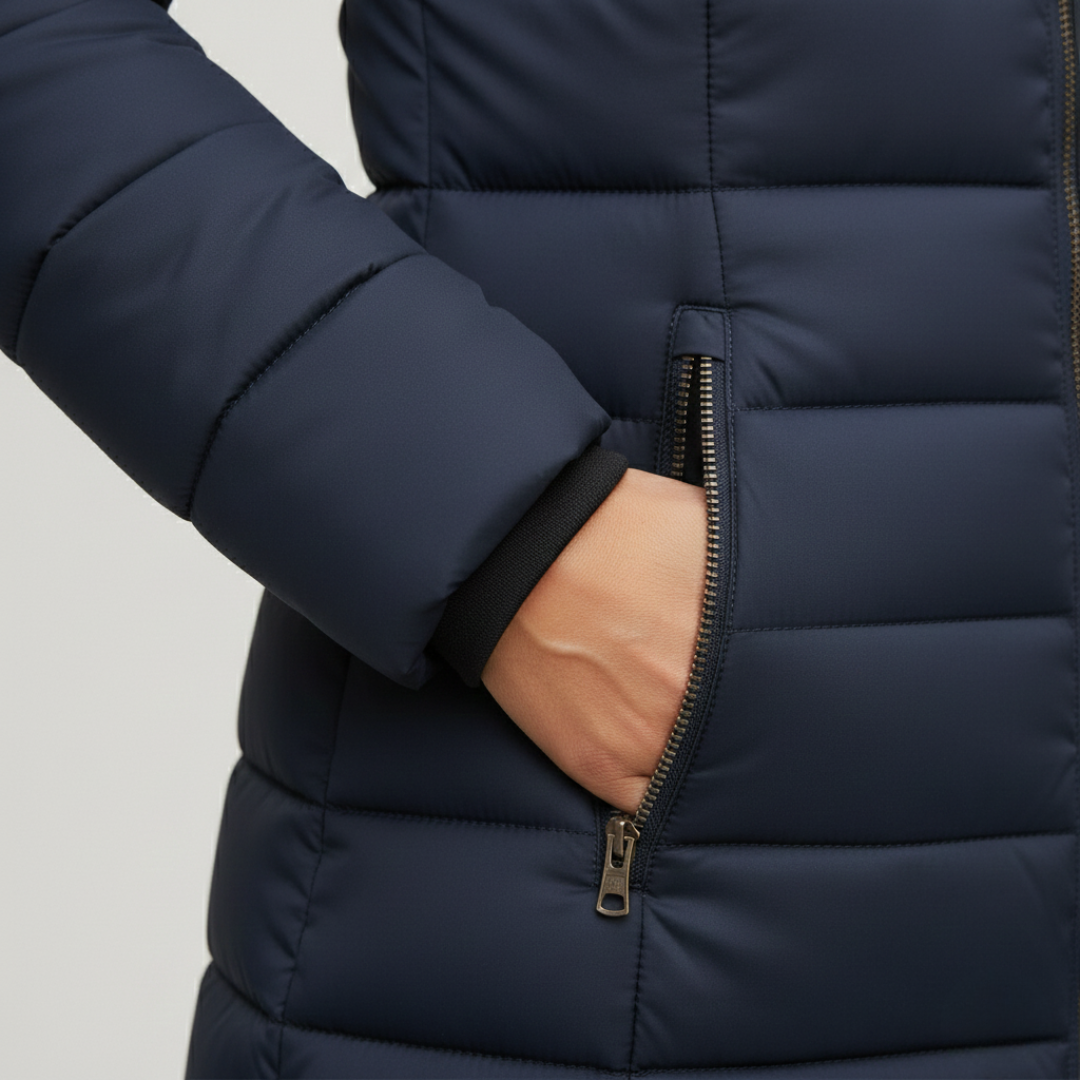  Women's blue down jacket with a hood, designed for warmth and style, featuring a mid-thigh length and long sleeves.