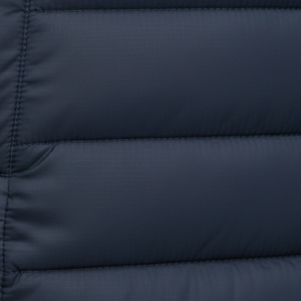  Women's blue down jacket with a hood, designed for warmth and style, featuring a mid-thigh length and long sleeves.