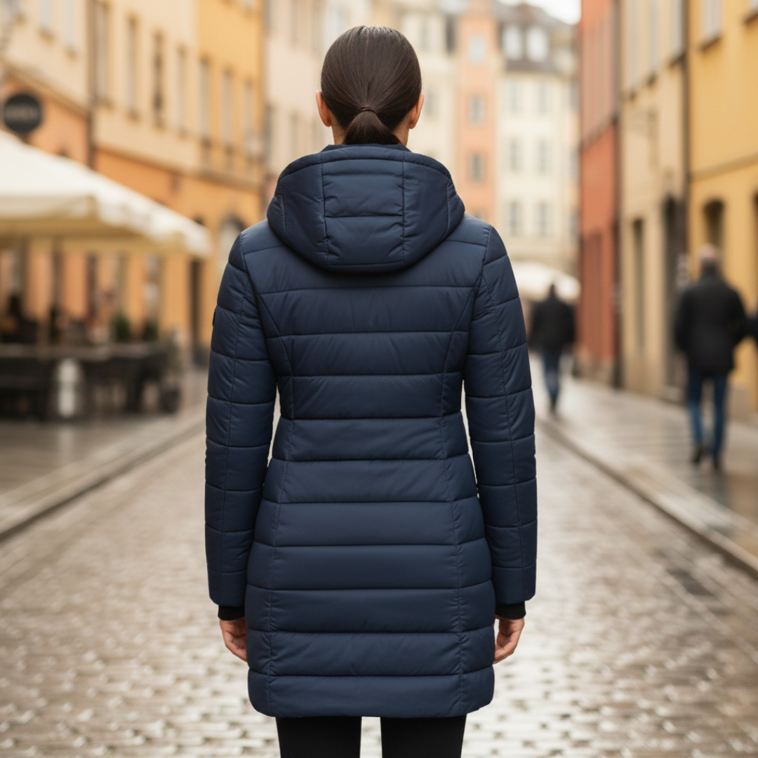  Women's blue down jacket with a hood, designed for warmth and style, featuring a mid-thigh length and long sleeves.
