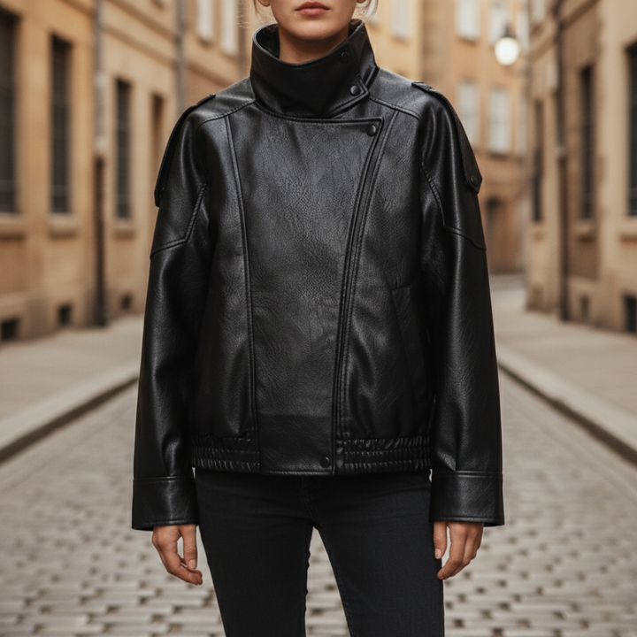Black leather jacket with a front zipper, high stand collar, and long sleeves, designed for a modern, polished look.