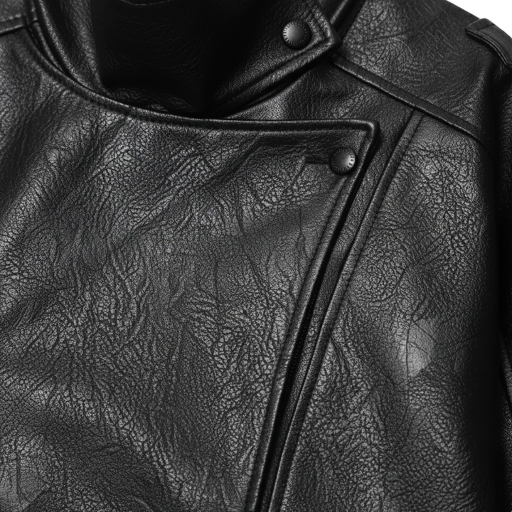 Black leather jacket with a front zipper, high stand collar, and long sleeves, designed for a modern, polished look.