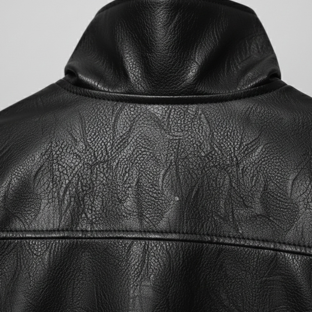 Black leather jacket with a front zipper, high stand collar, and long sleeves, designed for a modern, polished look.