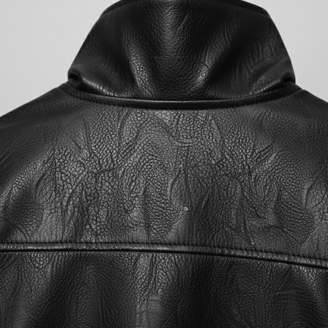 Black leather jacket with a front zipper, high stand collar, and long sleeves, designed for a modern, polished look.