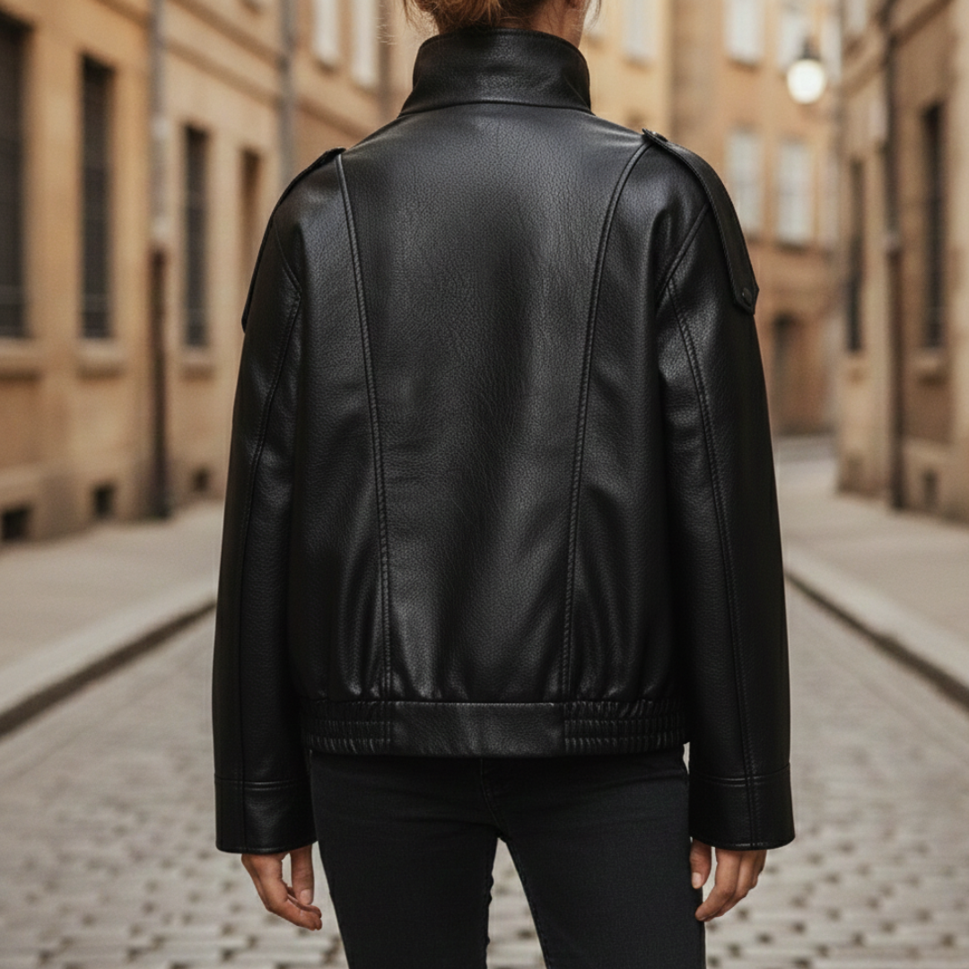Black leather jacket with a front zipper, high stand collar, and long sleeves, designed for a modern, polished look.