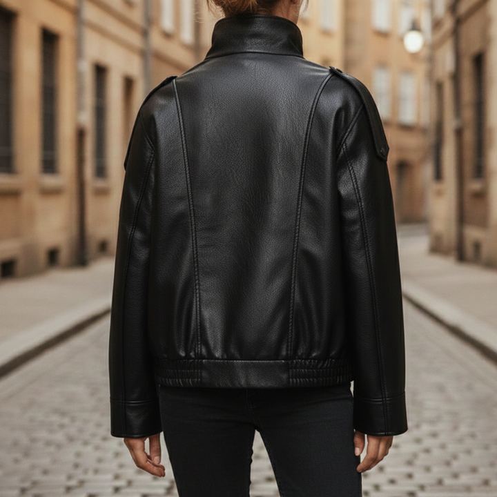 Black leather jacket with a front zipper, high stand collar, and long sleeves, designed for a modern, polished look.