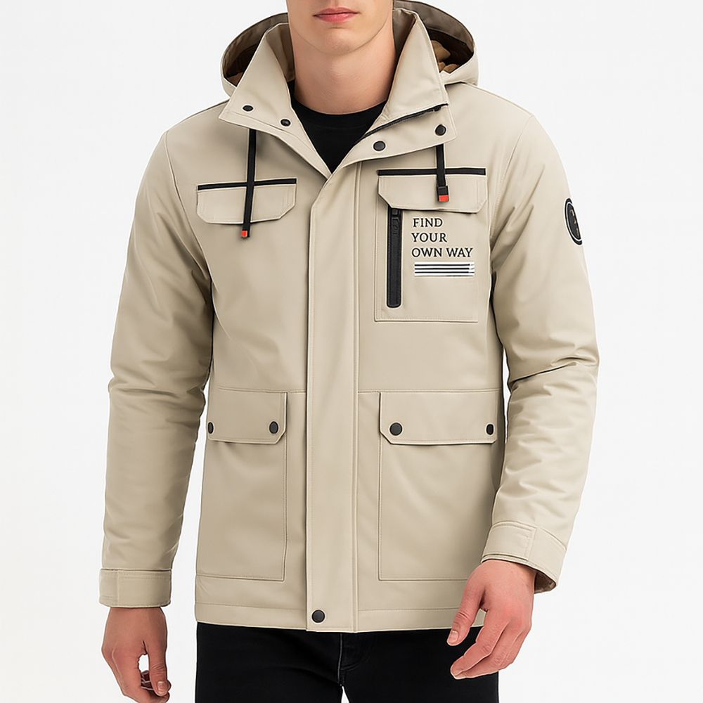 Hooded outdoor jacket with front zipper, multiple pockets, and adjustable drawstrings