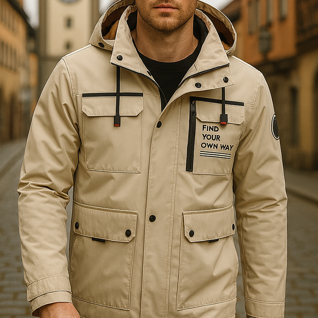 Hooded outdoor jacket with front zipper, multiple pockets, and adjustable drawstrings