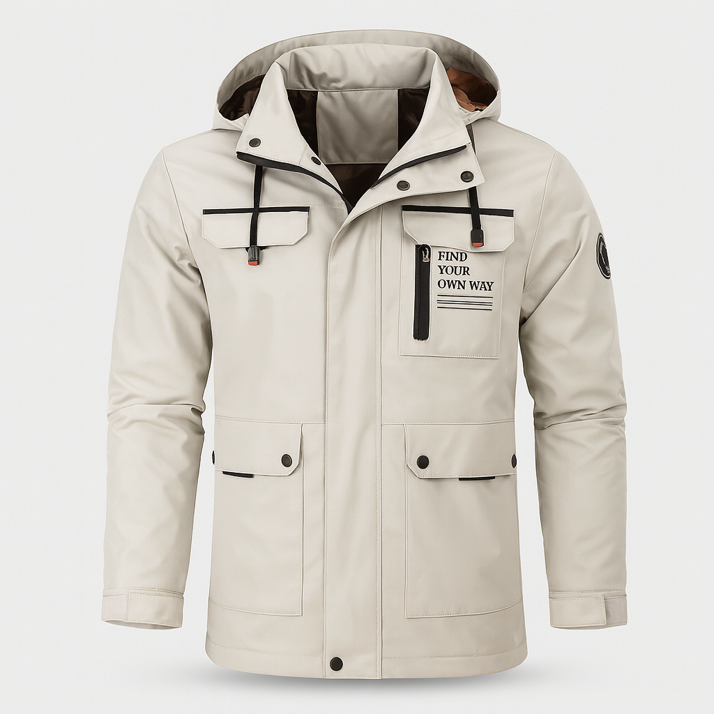 Hooded outdoor jacket with front zipper, multiple pockets, and adjustable drawstrings