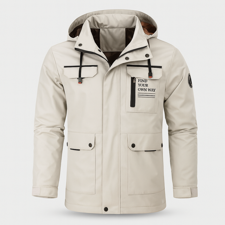 Hooded outdoor jacket with front zipper, multiple pockets, and adjustable drawstrings